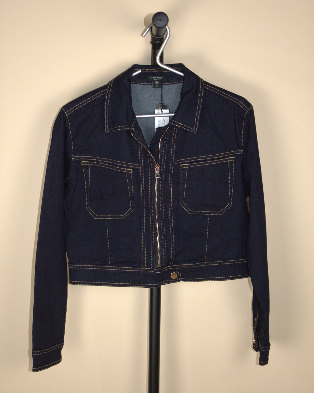 Karen Millen Petite Indigo Denim Contrast Stitch Detail Zip Through Jacket (New with Tags)