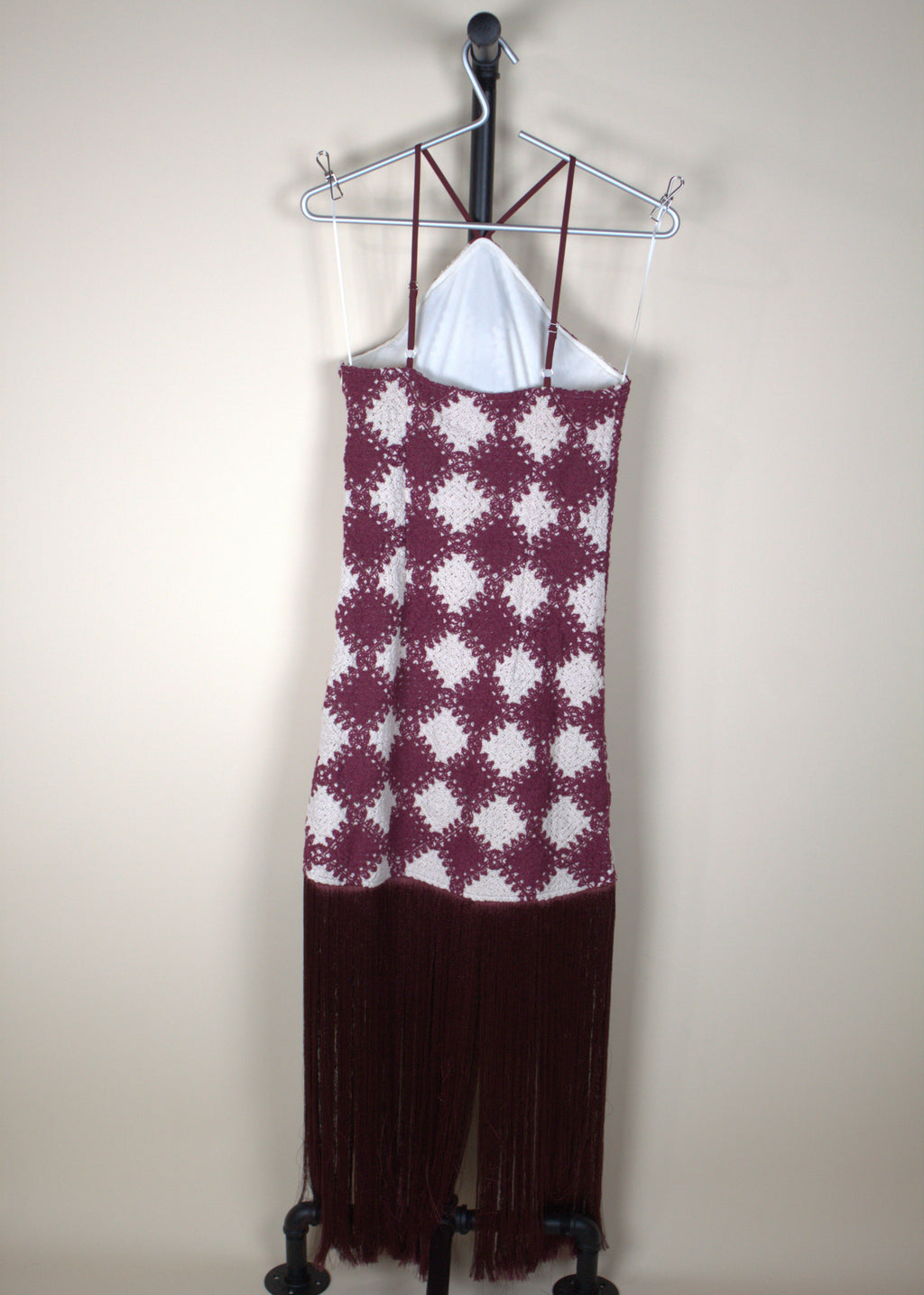 Vici Caliste Knit Checkered Fringe Halter Neck Mini Dress