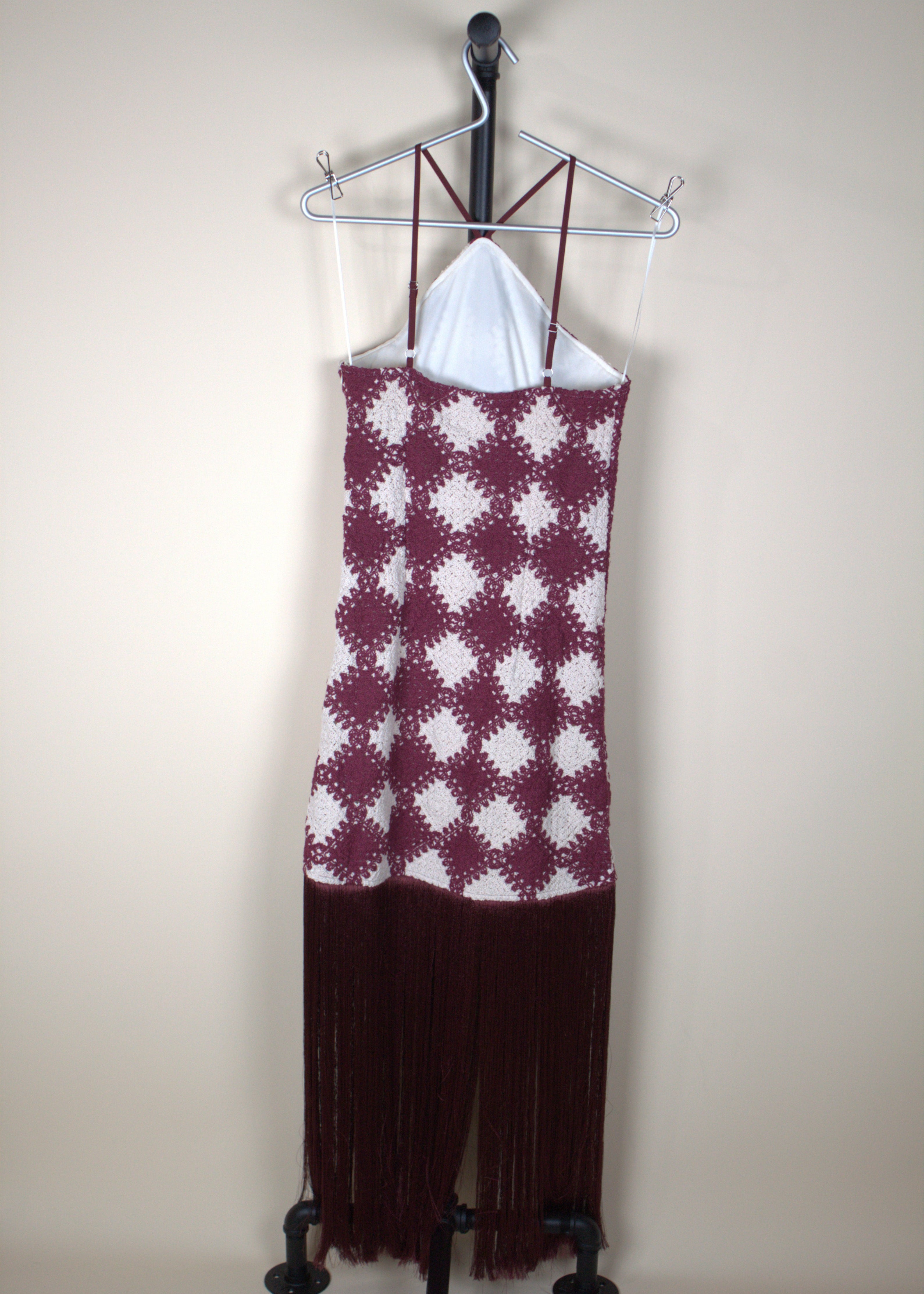 Vici Caliste Knit Checkered Fringe Halter Neck Mini Dress
