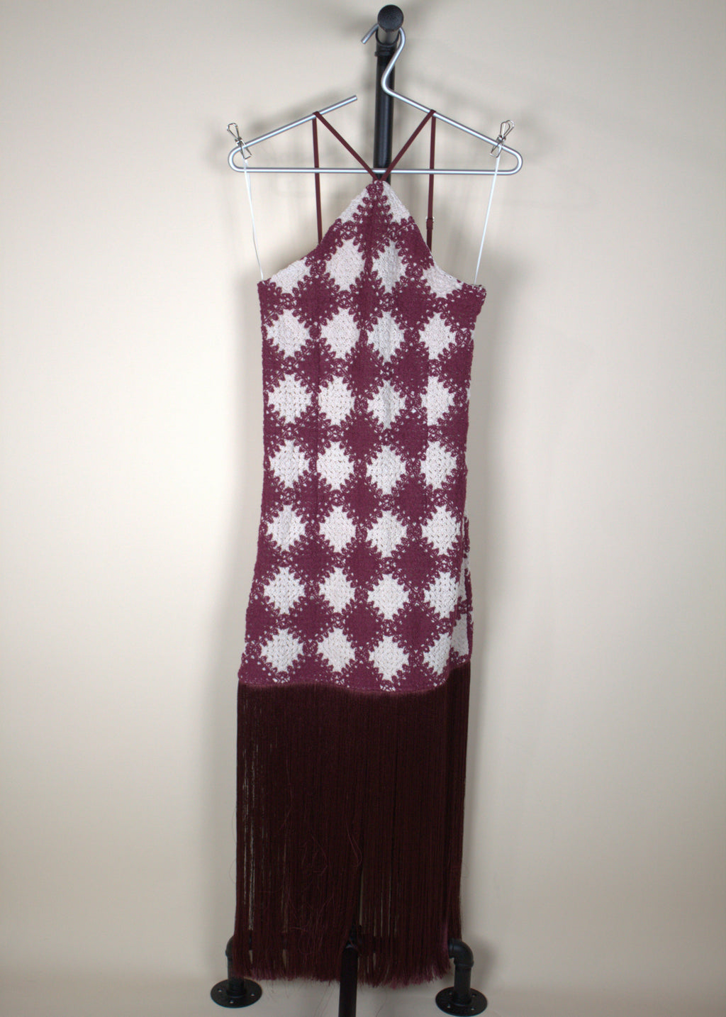 Vici Caliste Knit Checkered Fringe Halter Neck Mini Dress