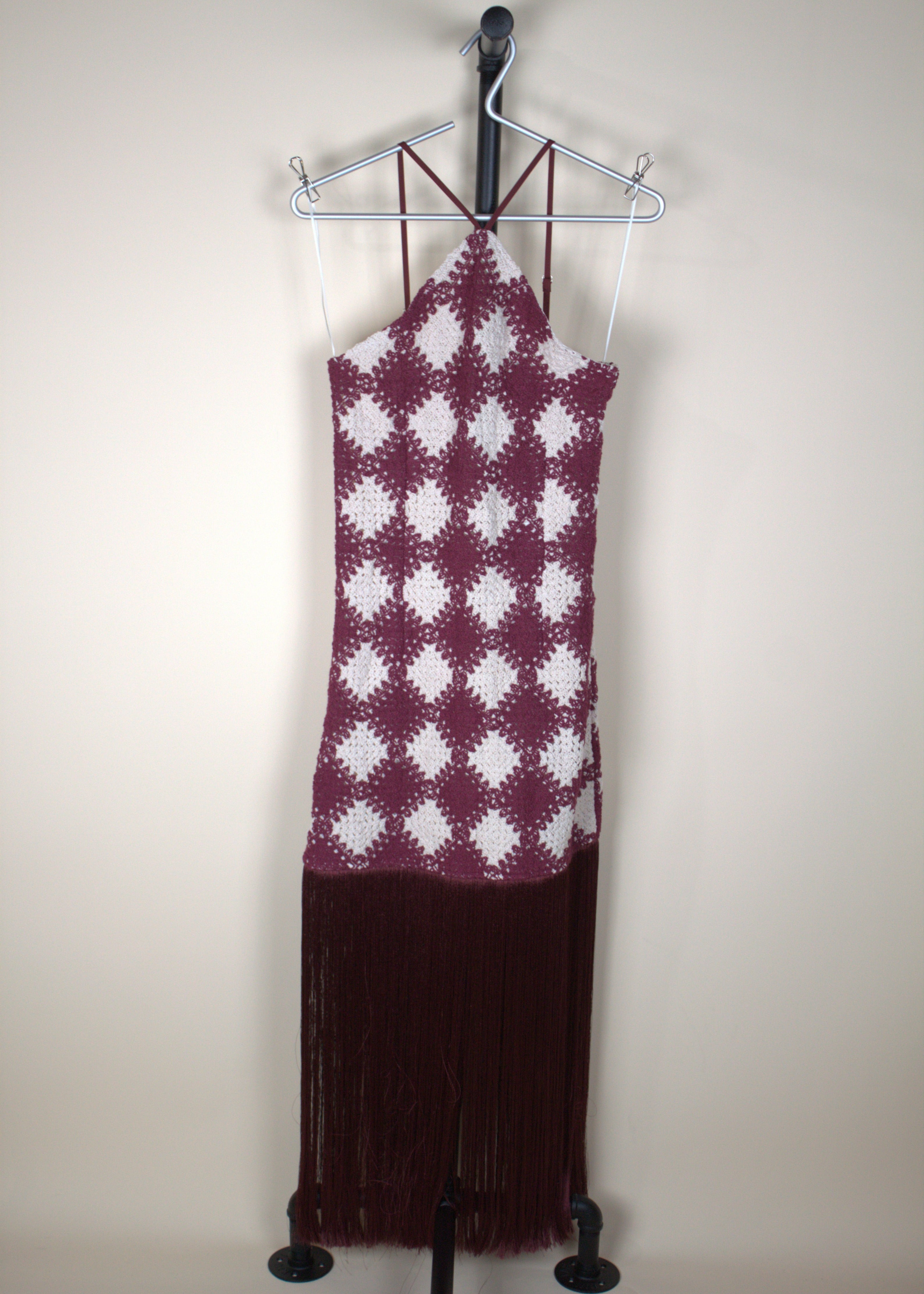 Vici Caliste Knit Checkered Fringe Halter Neck Mini Dress