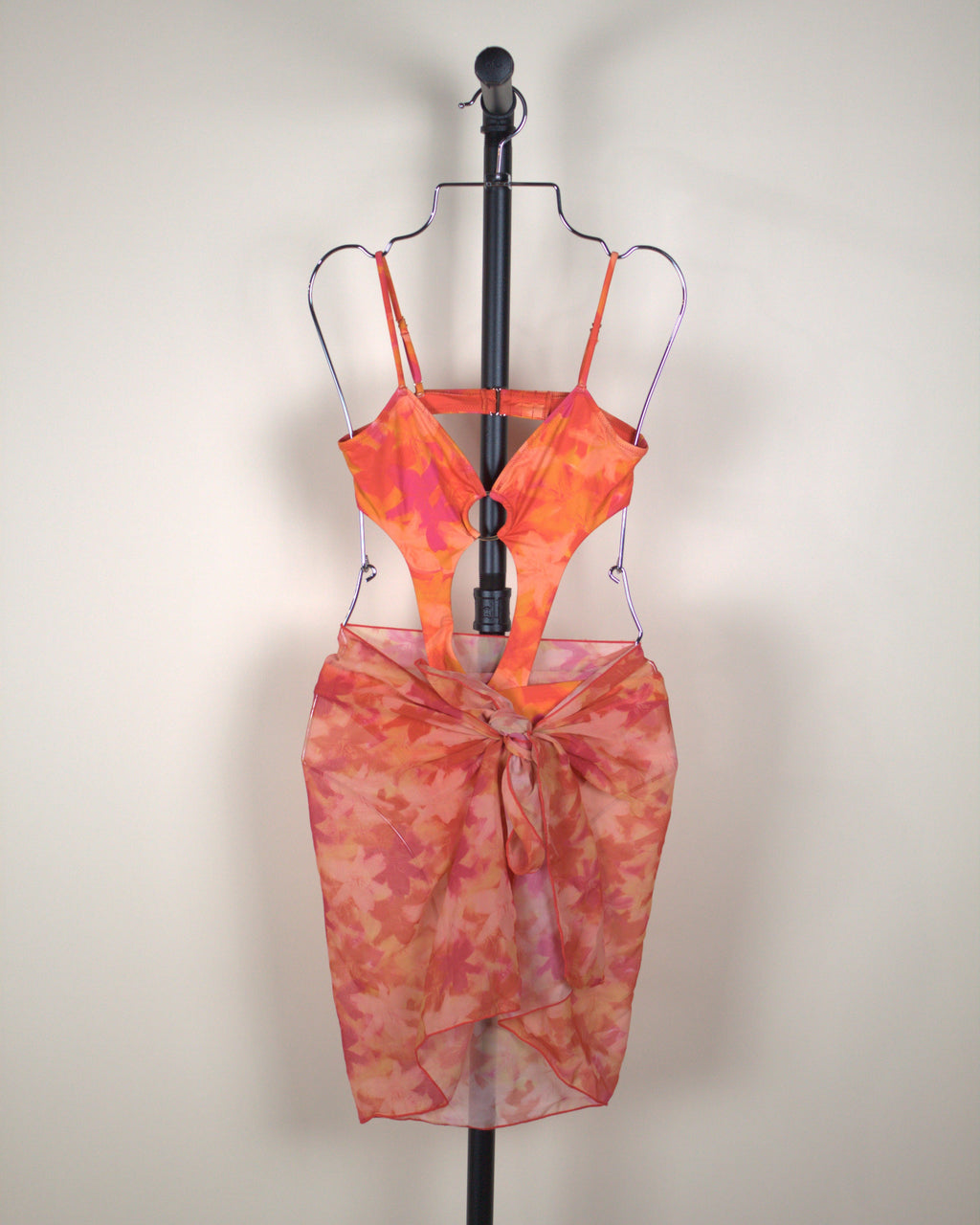 437 Orange and Pink One Piece Swimsuit with Sarong