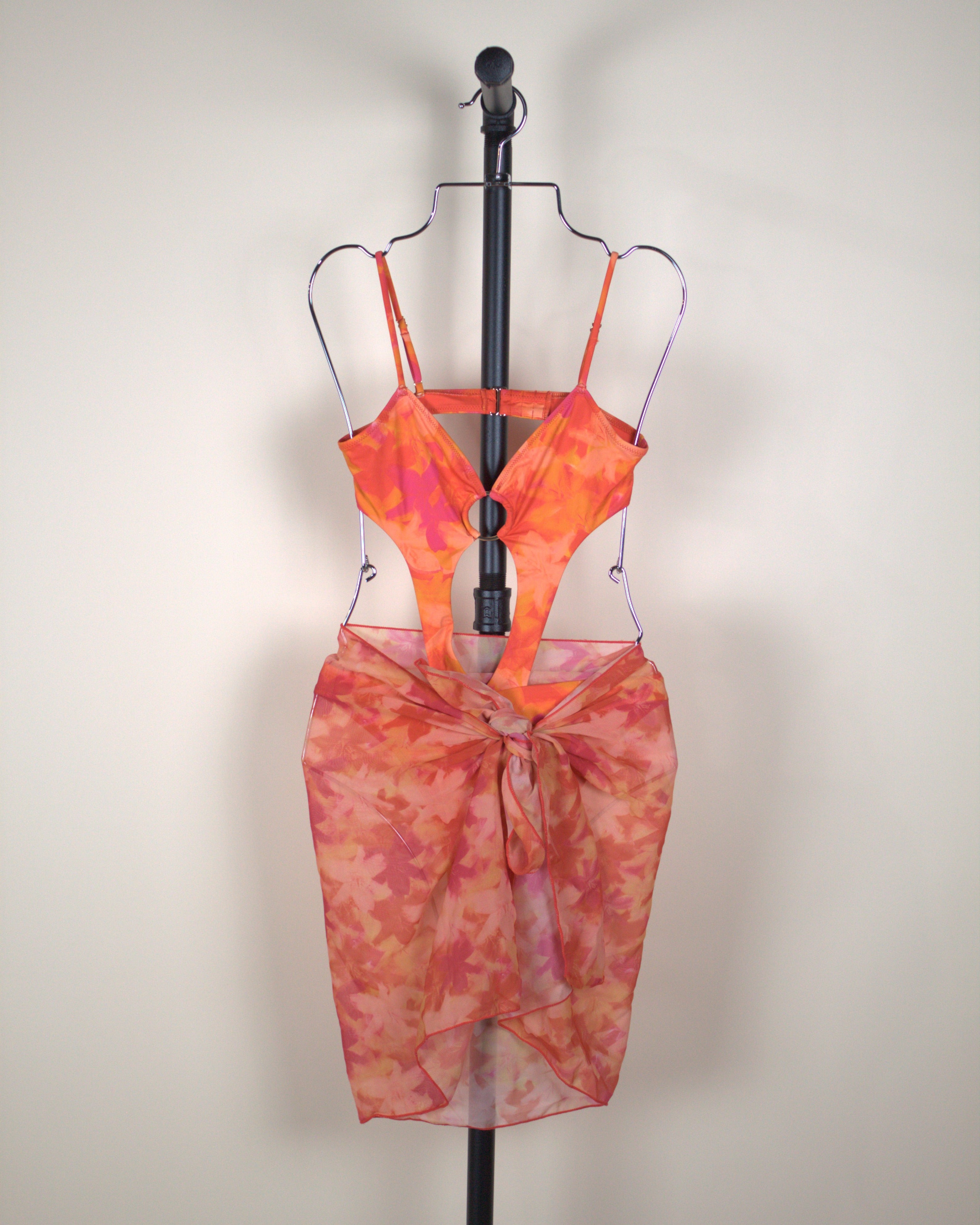 437 Orange and Pink One Piece Swimsuit with Sarong